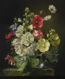 Still life with hollyhocks and convolvulus by Gerald Cooper, Oil on board, offered Oct 2023