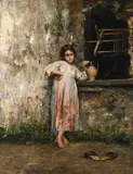 Young girl at the fountain by Vincenzo Irolli, Oil on canvas, offered Oct 2023