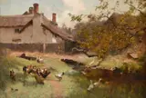 Hens and geese outside a house by Frederick Hall, Oil on canvas, offered Oct 2023