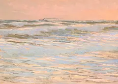 Pink light on the sea by Giorgio Belloni, Oil on panel, sold Oct 2023