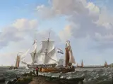 Ships in a squall with figures on shore by Johannes Hermanus Koekkoek, Oil on canvas laid down to panel, offered Oct 2023