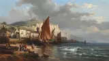 Normandy port by Charles Kuwasseg, Oil on canvas, sold Oct 2023