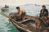 Oyster dredgers by Charles Napier Hemy, Oil on canvas, sold Oct 2023