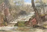 Cascades on a river in a wooded landscape by William James Müller, Pencil and watercolour, sold Oct 2023