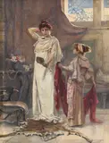 Getting ready by Christine Hammond, Watercolour, pencil and white heightening, sold Oct 2023