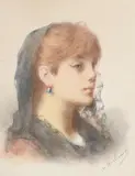 Head of a young woman by Alexei Alexeievich Harlamoff, Watercolour and pencil, sold Oct 2023