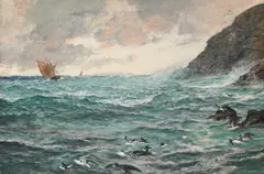Waves crashing on a rocky shore by Charles Napier Hemy, Watercolour and bodycolour laid on panel, sold Oct 2023
