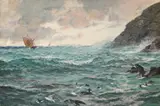 Waves crashing on a rocky shore by Charles Napier Hemy, Watercolour and bodycolour laid on panel, sold Oct 2023