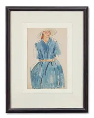 Figure in a blue dress and sun hat by Edna Clarke Hall, Pencil and watercolour, sold Oct 2023