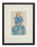 Figure in a blue dress and sun hat by Edna Clarke Hall, Pencil and watercolour, sold Oct 2023