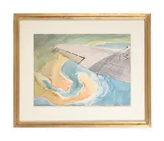 View of the shore across the wing by Rudolf Helmut Sauter, Watercolour, sold Oct 2023