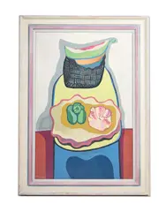 Still life with green pepper and watermelon by Robert MacBryde, Oil on board, sold Oct 2023