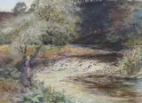 Woman beside a stream by James Millar Mackay, watercolour, offered Mar 2024
