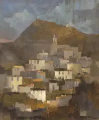 View of a Mediterranean town by Michael Cadman, 1963, oil on canvas, sold Mar 2024
