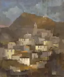 View of a Mediterranean town by Michael Cadman, 1963, oil on canvas, sold Mar 2024