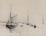Fishing boats by William Lionel Wyllie, etching, sold Mar 2024