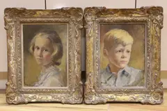 Portraits of a young boy and girl by Alice M. Burton, 1960, oil, sold Mar 2024