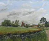 Landscape with oast house by G. Owen, oil on canvas board, sold Feb 2024