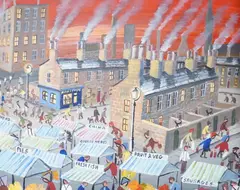 Busy street scene with figures by John Ormsby, oil on canvas, sold Feb 2024
