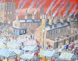Busy street scene with figures by John Ormsby, oil on canvas, sold Feb 2024