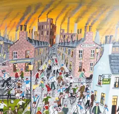 Busy street scene with figures by John Ormsby, oil on canvas, sold Feb 2024