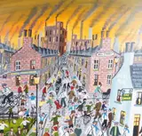 Busy street scene with figures by John Ormsby, oil on canvas, sold Feb 2024