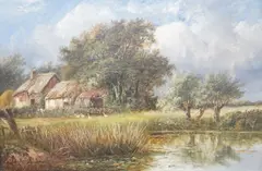 Ducks by a cottage by Joseph Thors, oil on canvas, sold Feb 2024