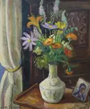 Still life of flowers in a vase by Odette Bourgain, oil on board, sold Feb 2024