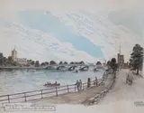 Putney Bridge with Fulham and Putney Parish by Llwyd Roberts, ink and watercolour, offered Feb 2024