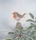 Robin on a holly branch by Andrew Osborne, watercolour, offered Feb 2024