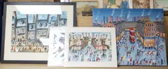 Busy street scenes with figures by John Ormsby, watercolor, sold Feb 2024