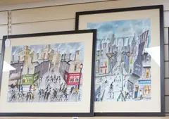 Busy street scenes with figures by John Ormsby, watercolor, sold Feb 2024