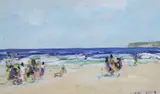 Figures on a beach by Donald Fraser, oil on board, offered Feb 2024