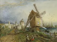 Dutch landscape with figures before a windmill by G. Moore, oil on board, offered Feb 2024