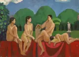 Nudes in parkland by Alan Tabrum, 2000, oil on board, sold Feb 2024