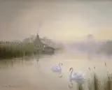 River landscape with swans by David Dane, oil on canvas, sold Feb 2024