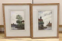 River landscapes with barges by Jan van Couver, watercolor, offered Feb 2024