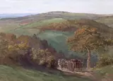 Extensive landscape with horse cart and by Edward Charles Pascoe Holman, 1926, watercolour, sold Feb 2024