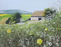 Meadow landscape by Paul Evans, gouache, sold Feb 2024