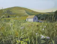 Meadow landscape with barns by Paul Evans, gouache, sold Feb 2024