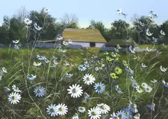 Daisies before barns by Paul Evans, gouache, sold Feb 2024