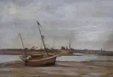 River Adur with beached fishing boats by W.B. Rowe, oil on board, sold Feb 2024