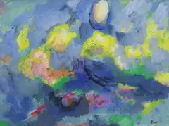 Abstract composition by Ákos Bíró, oil on board, offered Feb 2024