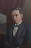 Portrait of an artist by Owen Forrest, oil on canvas, offered Feb 2024