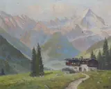 Alpine landscape in summer by J. Lobis, oil on board, sold Feb 2024