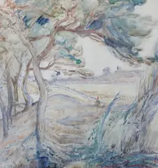 Les Pins by Stany Sassy, watercolour, offered Feb 2024