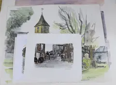Each by Robert Tavener, ink and watercolours, sold Feb 2024
