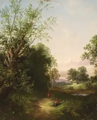 Rural landscape with figures by Thomas Stanley Barber, oil on canvas, sold Feb 2024