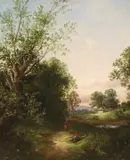 Rural landscape with figures by Thomas Stanley Barber, oil on canvas, sold Feb 2024