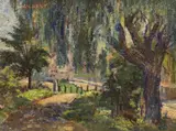Figure in parkland by Dennis Gilbert Neac, oil on canvas board, sold Feb 2024